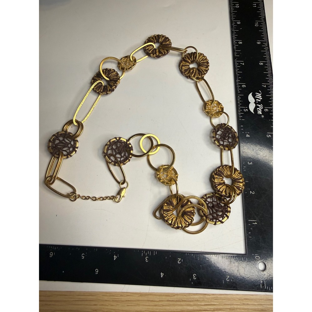 Gold Tone Mixed Media Woven Crochet Circle Link Statement Necklace Boho 20-22in